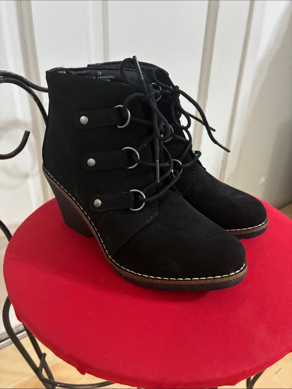 Suede-Look Black Lace-Up Wedge Ankle Booties